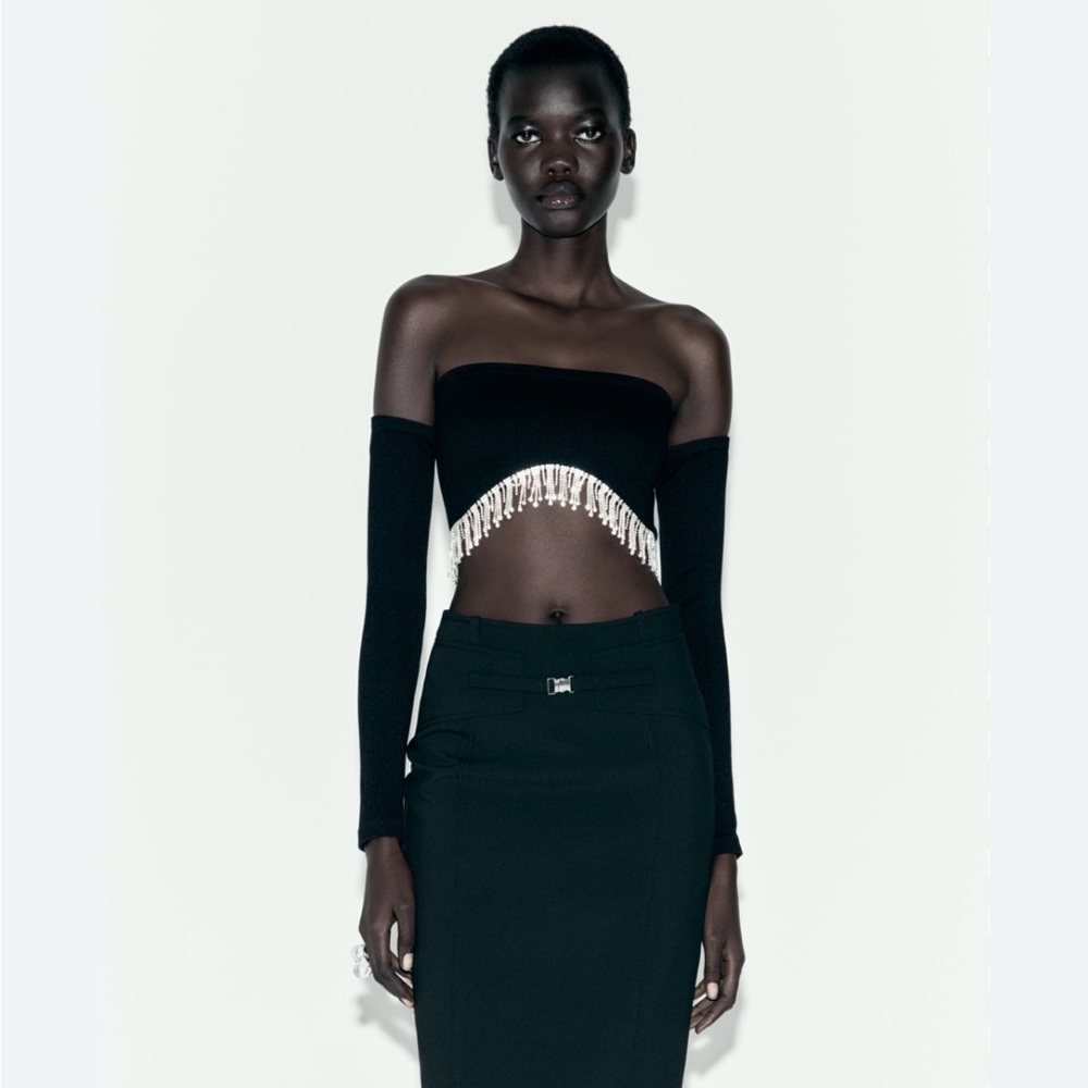 ZARA Off The Shoulder Black Rhinestone Seamless Crop Top Long Sleeve Size S!!